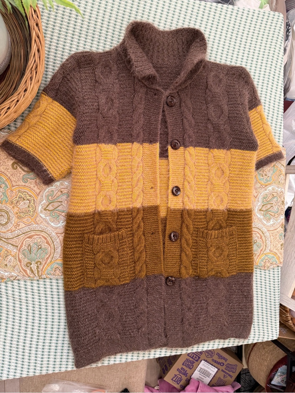 VTG Colorblock Cable Knit Short Sleeve Cardigan Brown Mustard Cottagecore Large - Picture 16 of 16